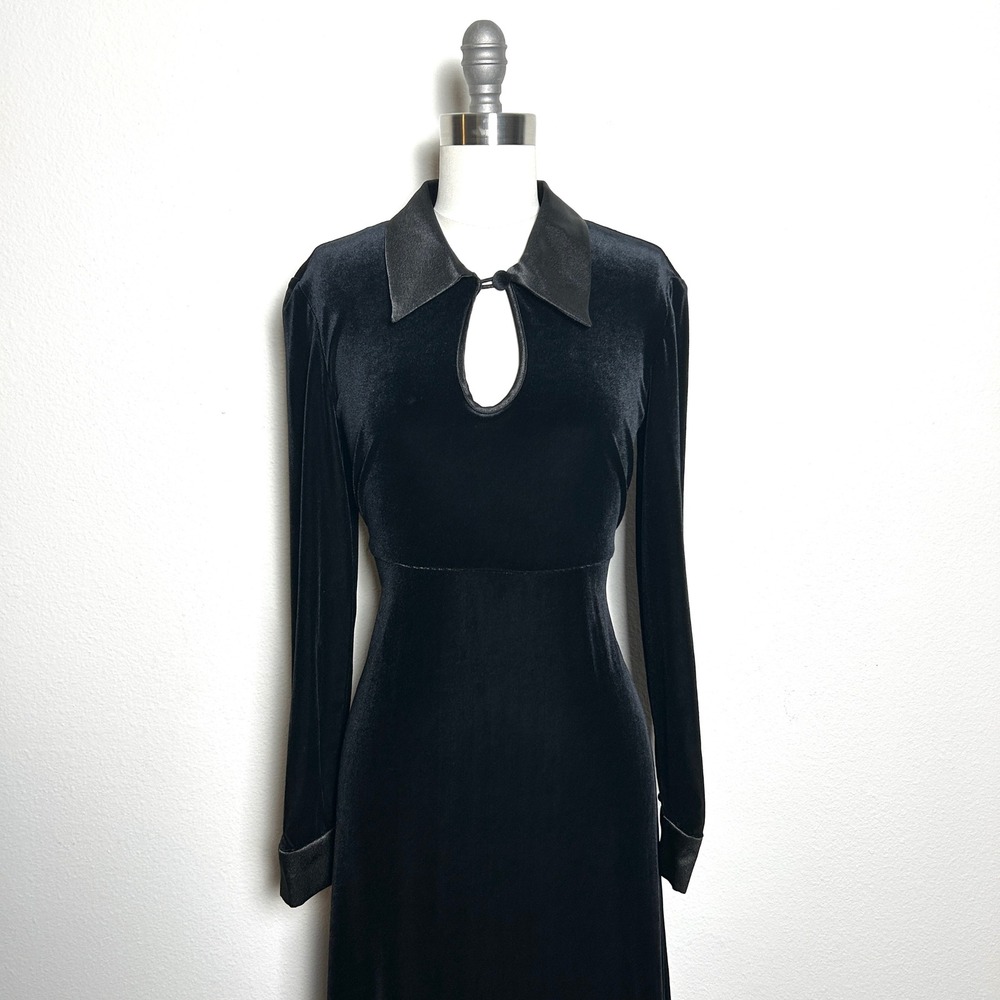 Virgo Black Velvet Satin Keyhole Long Sleeve Maxi Dress Goth Evening 8 Vintage